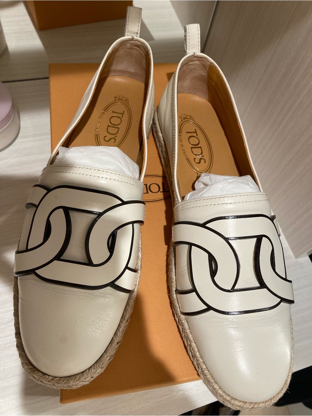 Tod's White Leather Chain-Trim Espadrille Mules
